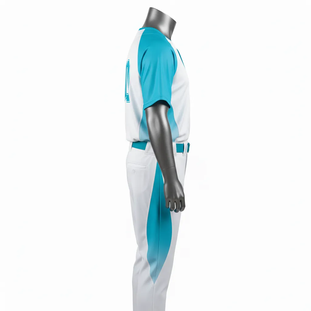 Custom Baseball Full Button Baseball Uniform Set - White - Aqua Curved Side Panels Fading - Side View - Kinexa Sportswear