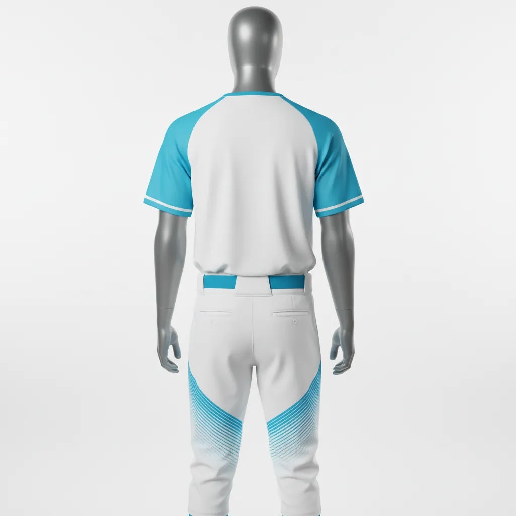 Custom Baseball Full Button Baseball Uniform Set - White - Aqua Diagonal Lines Diagonal Slash Fade - Back View - Kinexa Sportswear