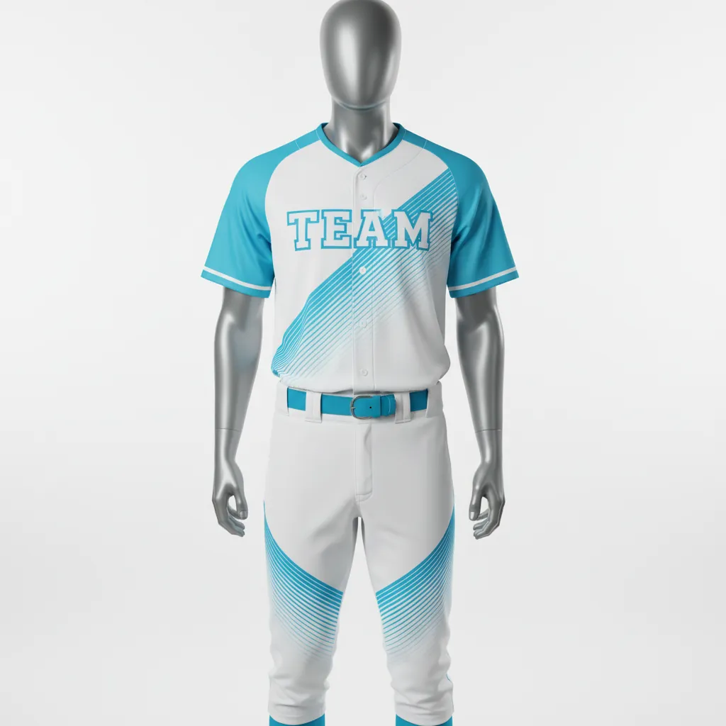 Custom Baseball Full Button Baseball Uniform Set - White - Aqua Diagonal Lines Diagonal Slash Fade - Front View - Kinexa Sportswear