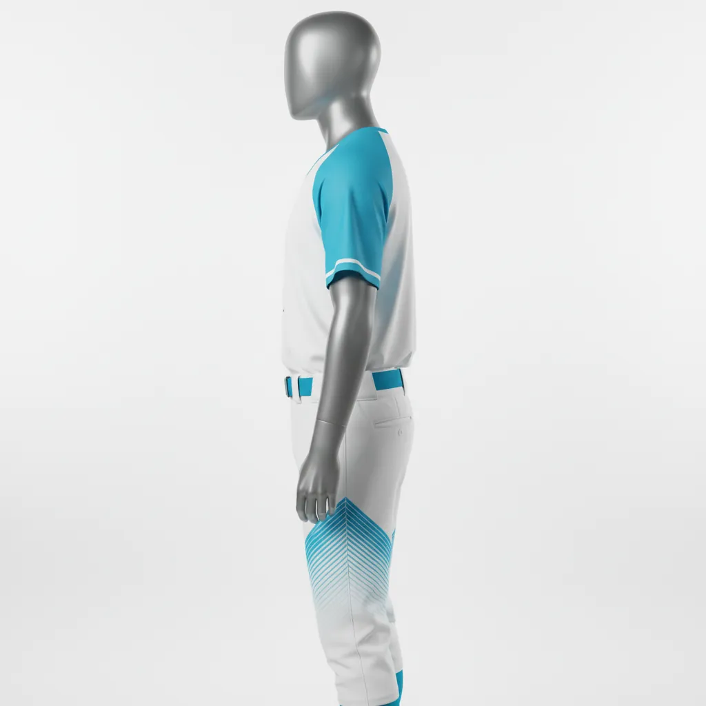 Custom Baseball Full Button Baseball Uniform Set - White - Aqua Diagonal Lines Diagonal Slash Fade - Side View - Kinexa Sportswear