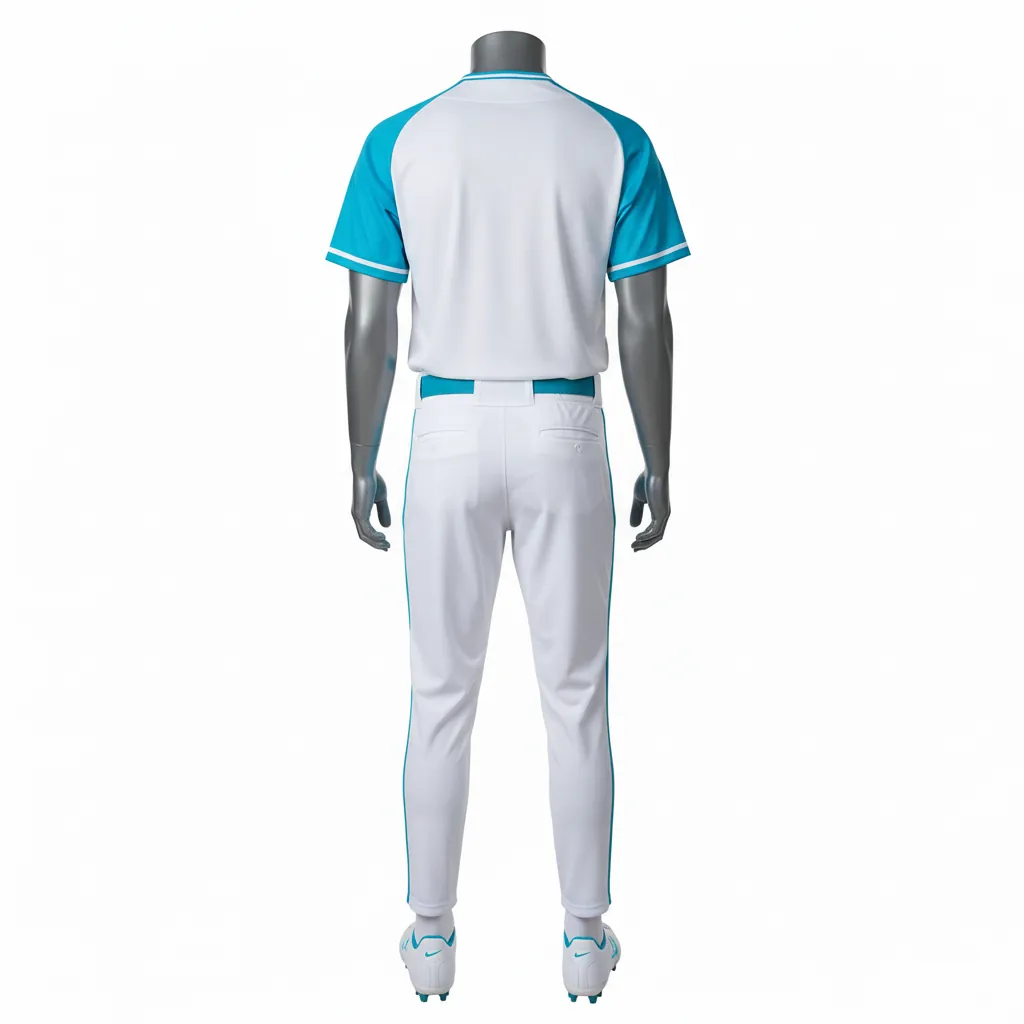 Custom Baseball Full Button Baseball Uniform Set - White - Aqua Diagonal Slash Panel Only - Back View - Kinexa Sportswear
