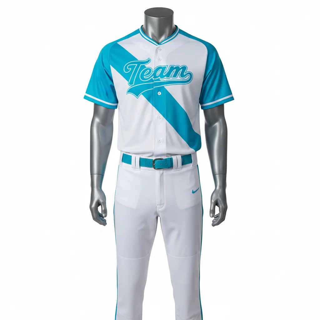 Custom Baseball Full Button Baseball Uniform Set - White - Aqua Diagonal Slash Panel Only - Front View - Kinexa Sportswear
