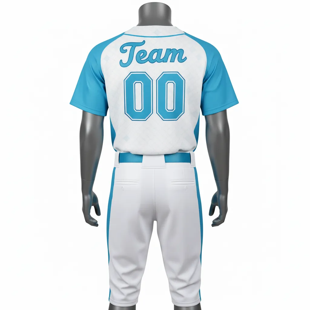 Custom Baseball Full Button Baseball Uniform Set - White - Aqua Diamond Curved Side Panels - Back View - Kinexa Sportswear
