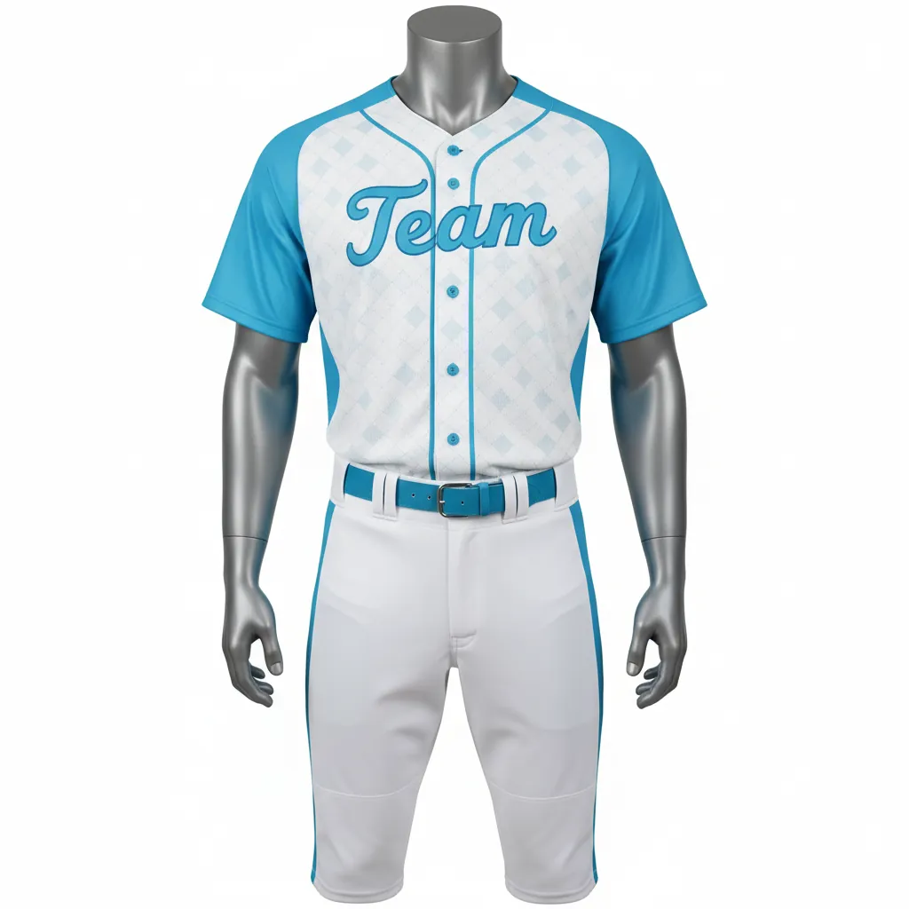 Custom Baseball Full Button Baseball Uniform Set - White - Aqua Diamond Curved Side Panels - Front View - Kinexa Sportswear
