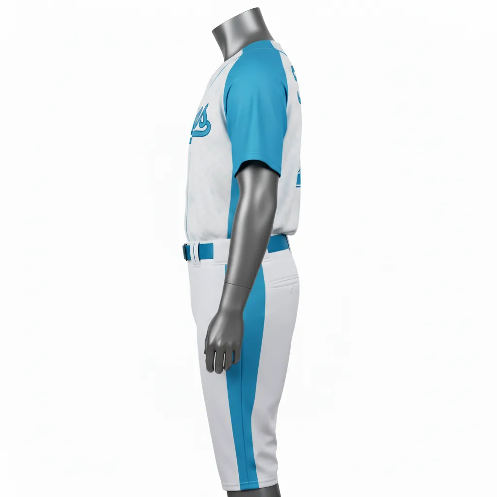 Custom Baseball Full Button Baseball Uniform Set - White - Aqua Diamond Curved Side Panels - Side View - Kinexa Sportswear