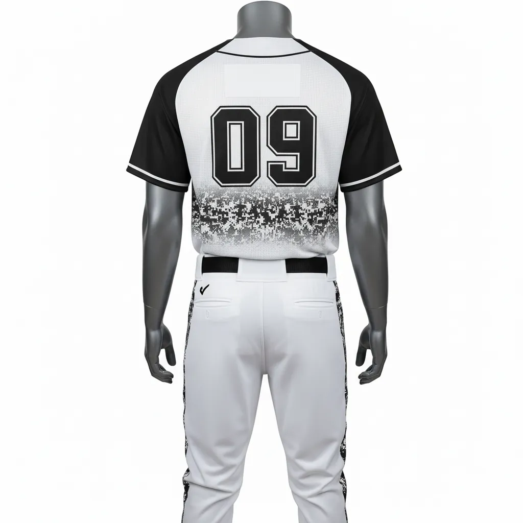 Custom Baseball Full Button Baseball Uniform Set - White, Black - Digital Camo Panel Fade - Back View - Kinexa Sportswear