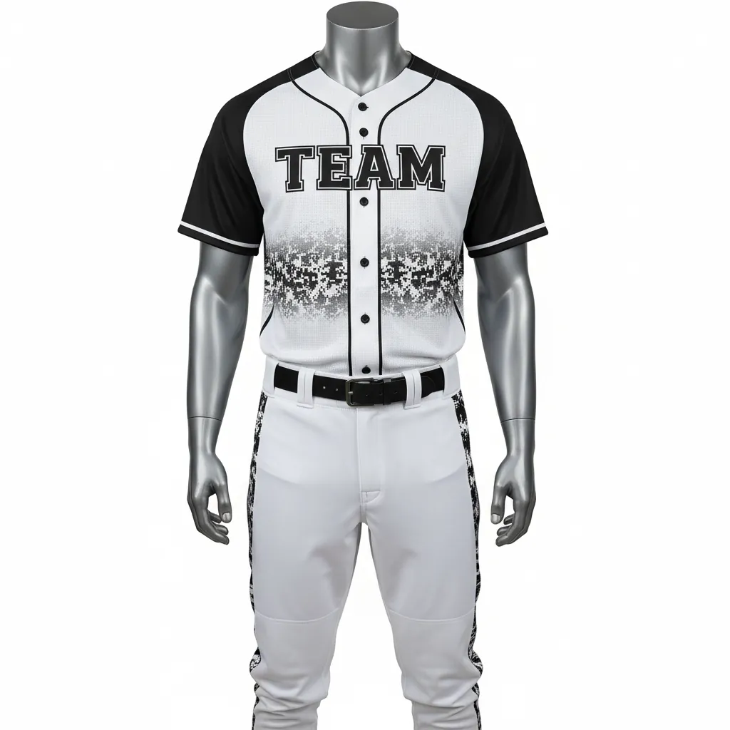 Custom Baseball Full Button Baseball Uniform Set - White, Black - Digital Camo Panel Fade - Front View - Kinexa Sportswear