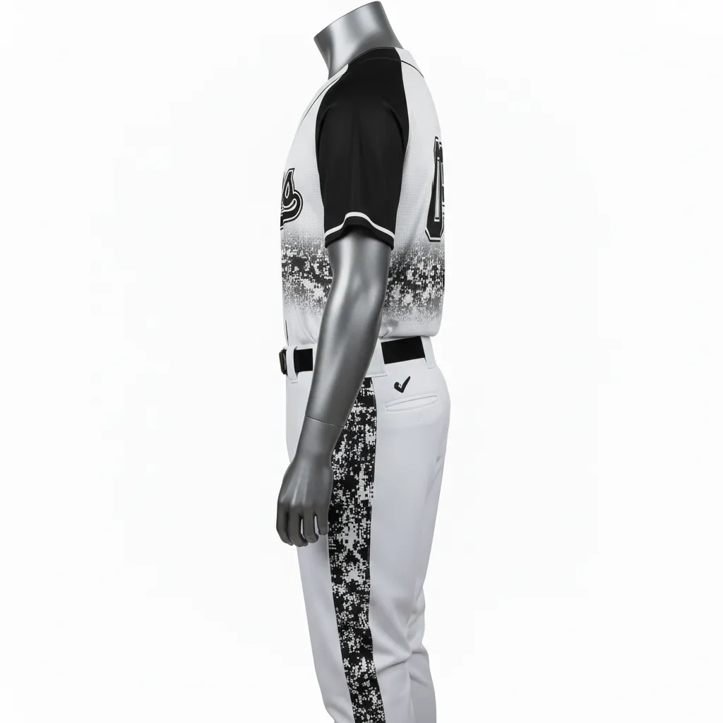 Custom Baseball Full Button Baseball Uniform Set - White, Black - Digital Camo Panel Fade - Side View - Kinexa Sportswear