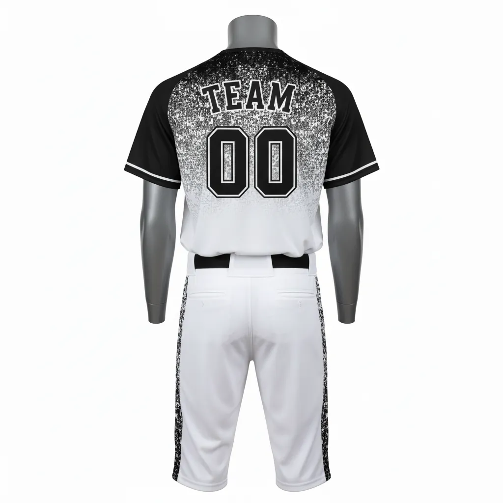Custom Baseball Full Button Baseball Uniform Set - White, Black - Digital Camo Pattern Fade - Back View - Kinexa Sportswear