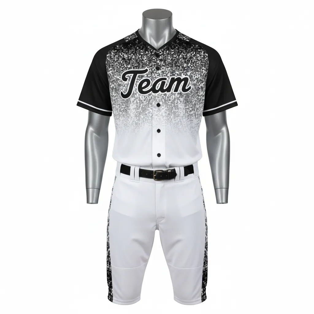 Custom Baseball Full Button Baseball Uniform Set - White, Black - Digital Camo Pattern Fade - Front View - Kinexa Sportswear