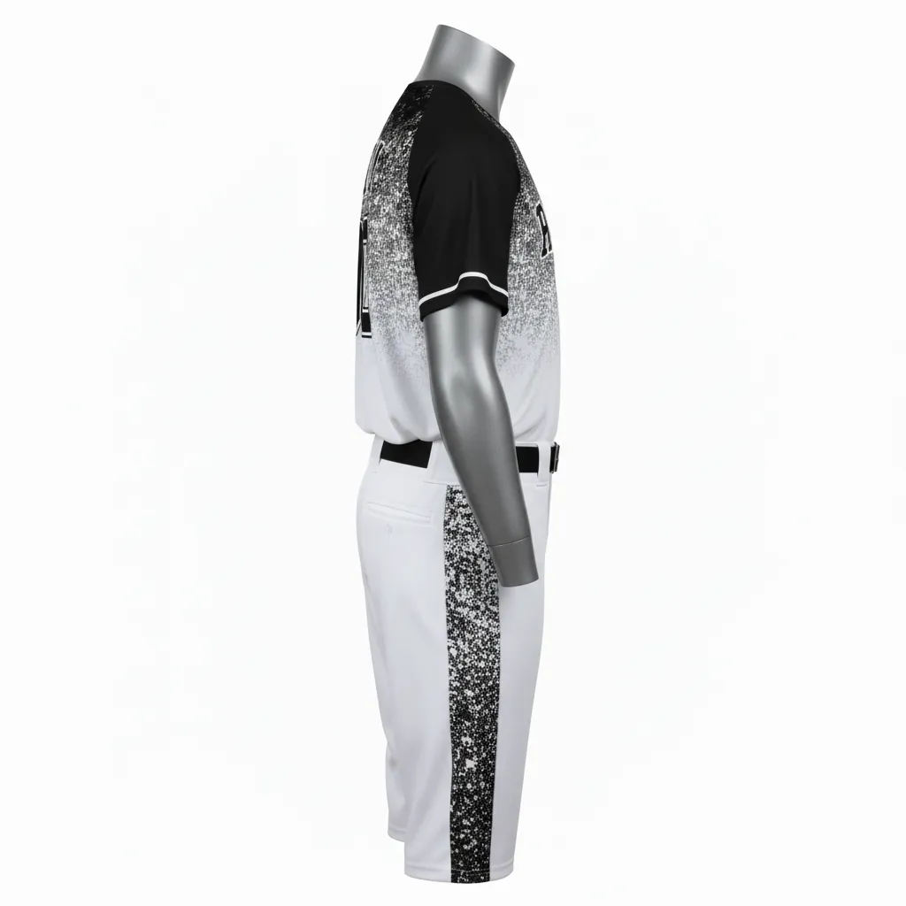 Custom Baseball Full Button Baseball Uniform Set - White, Black - Digital Camo Pattern Fade - Side View - Kinexa Sportswear