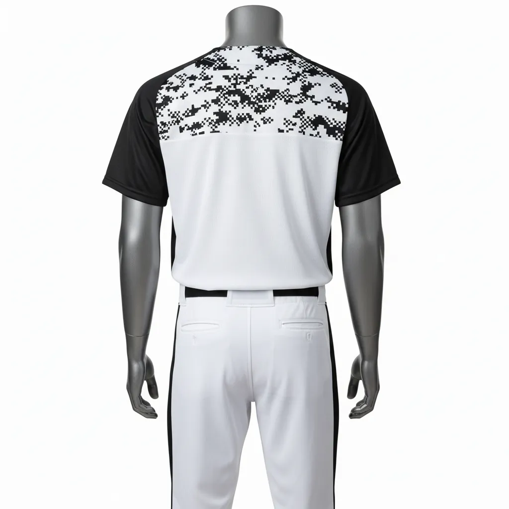 Custom Baseball Full Button Baseball Uniform Set - White, Black - Digital Camo Pattern Side Panels - Back View - Kinexa Sportswear