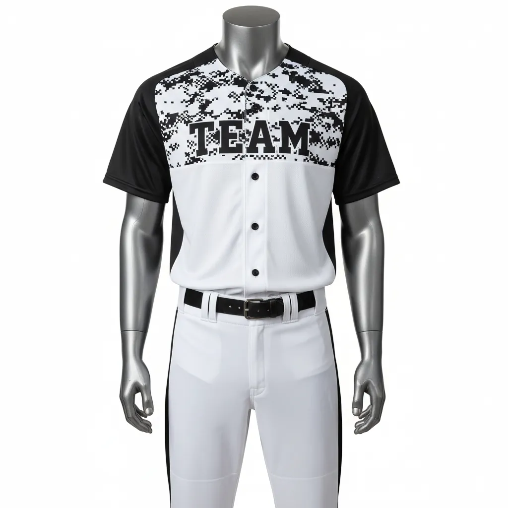 Custom Baseball Full Button Baseball Uniform Set - White, Black - Digital Camo Pattern Side Panels - Front View - Kinexa Sportswear