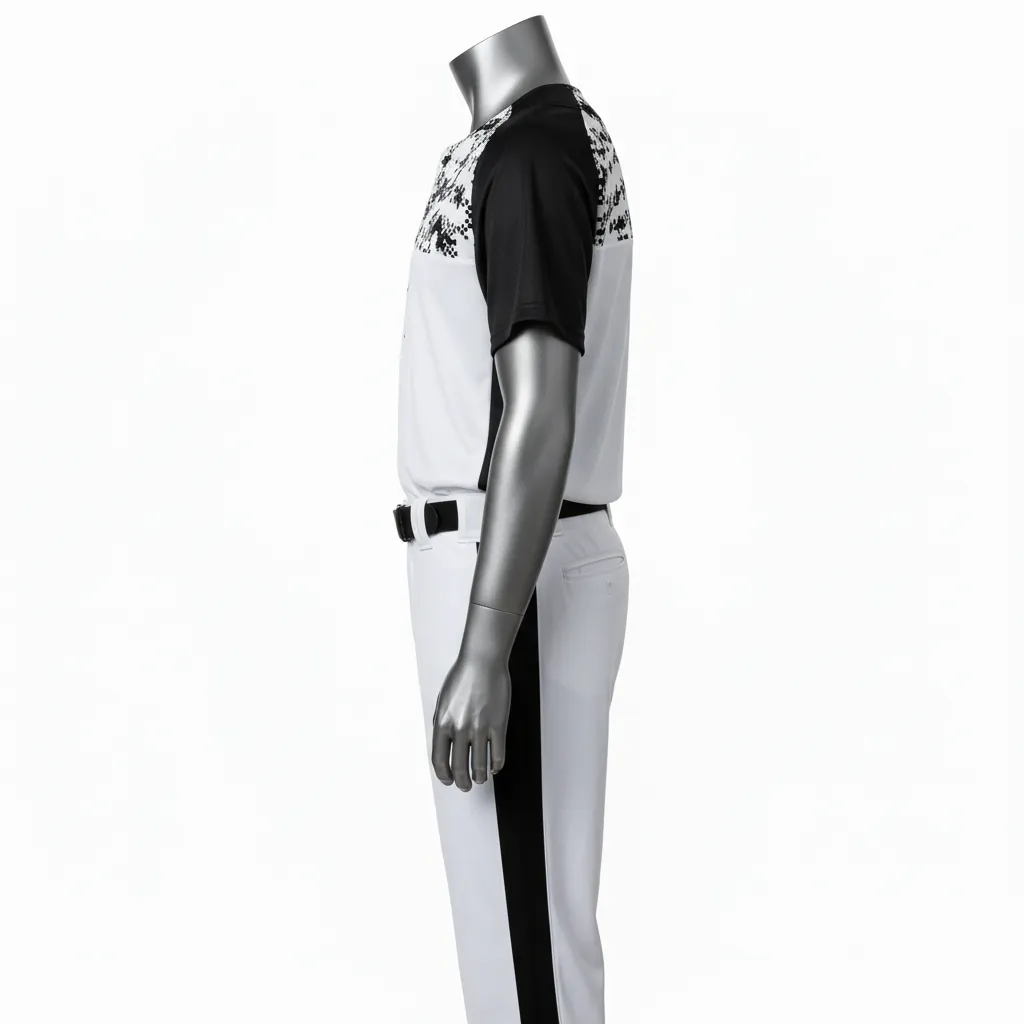 Custom Baseball Full Button Baseball Uniform Set - White, Black - Digital Camo Pattern Side Panels - Side View - Kinexa Sportswear