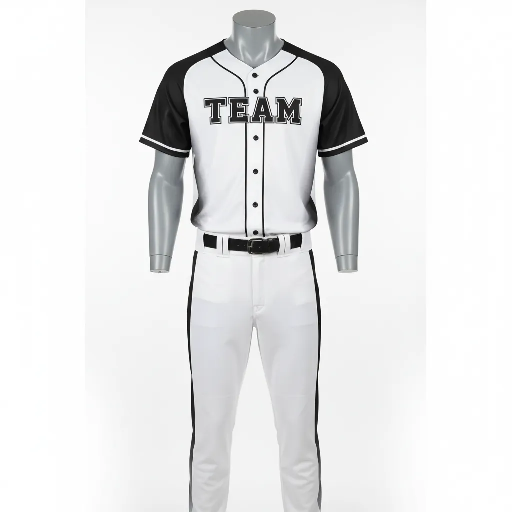 Custom Baseball Full Button Baseball Uniform Set - White, Black - Side Panels Fading - Front View - Kinexa Sportswear