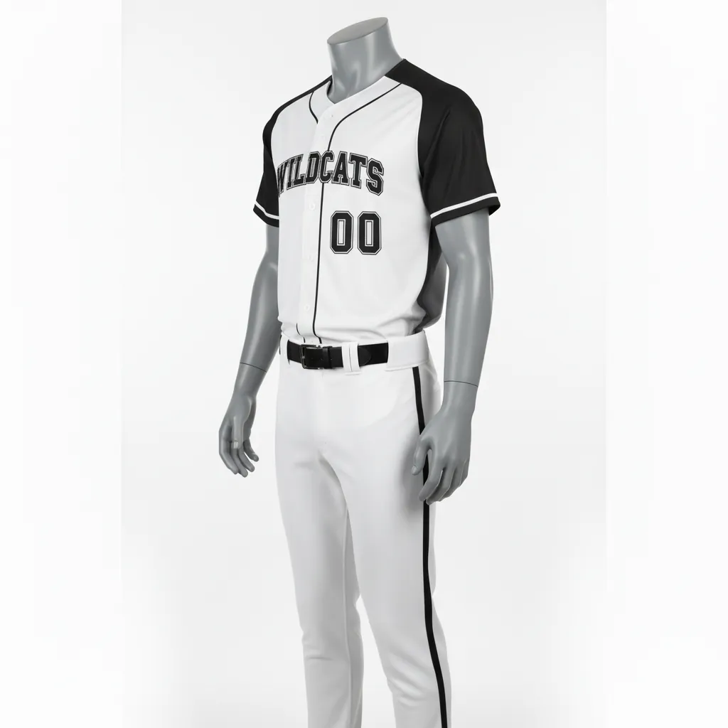 Custom Baseball Full Button Baseball Uniform Set - White, Black - Side Panels Fading - Side View - Kinexa Sportswear