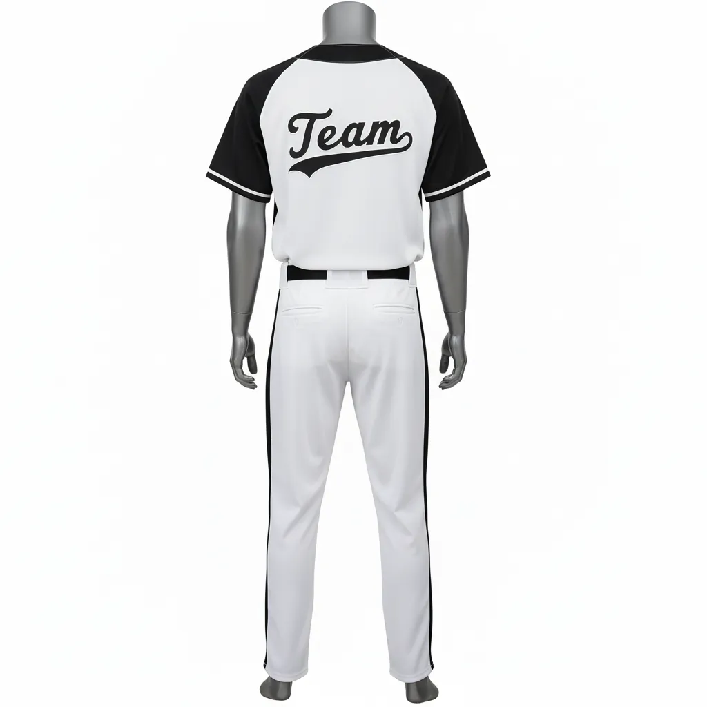 Custom Baseball Full Button Baseball Uniform Set - White, Black - Side Panels Solid Only - Back View - Kinexa Sportswear
