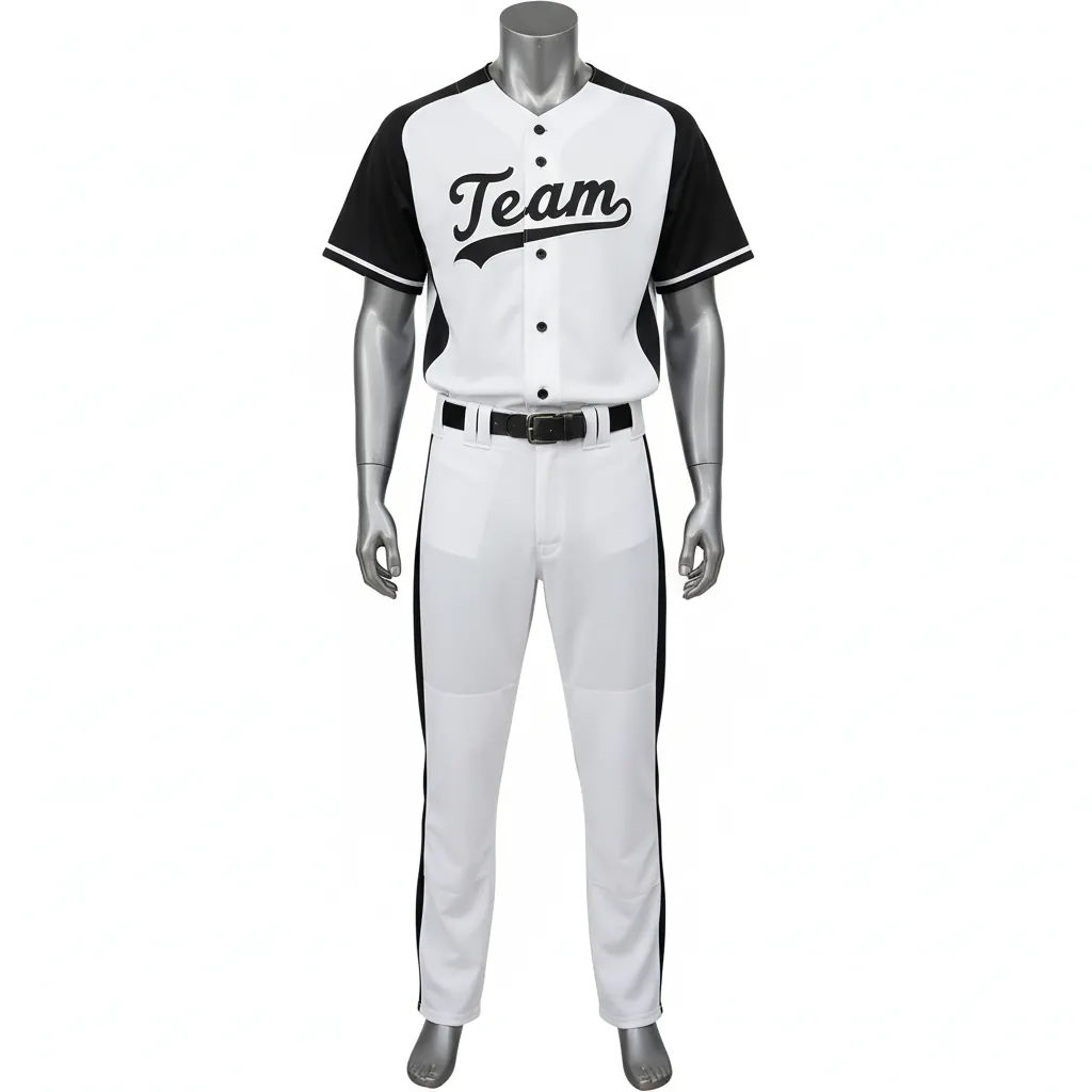 Custom Baseball Full Button Baseball Uniform Set - White, Black - Side Panels Solid Only - Front View - Kinexa Sportswear