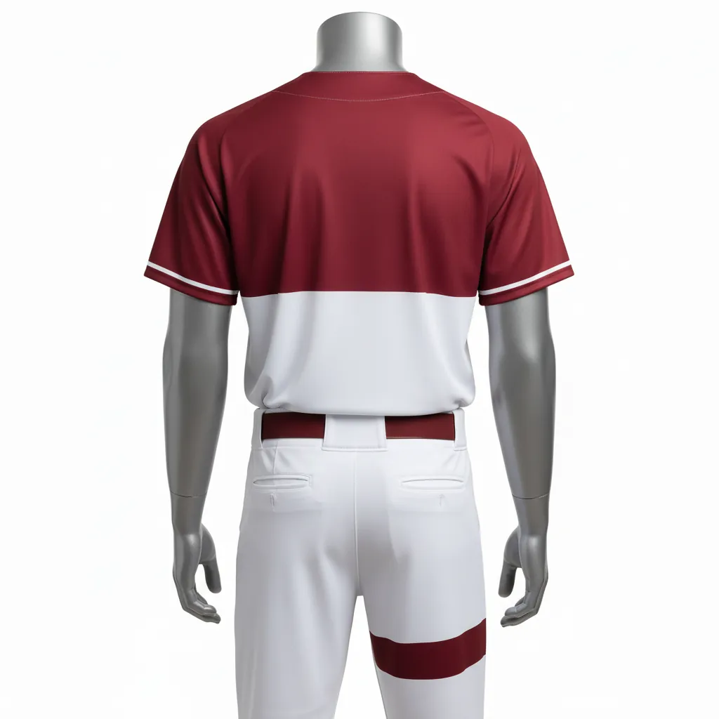 Custom Baseball Full Button Baseball Uniform Set - White, Burgundy - Chest Panel Only - Back View - Kinexa Sportswear