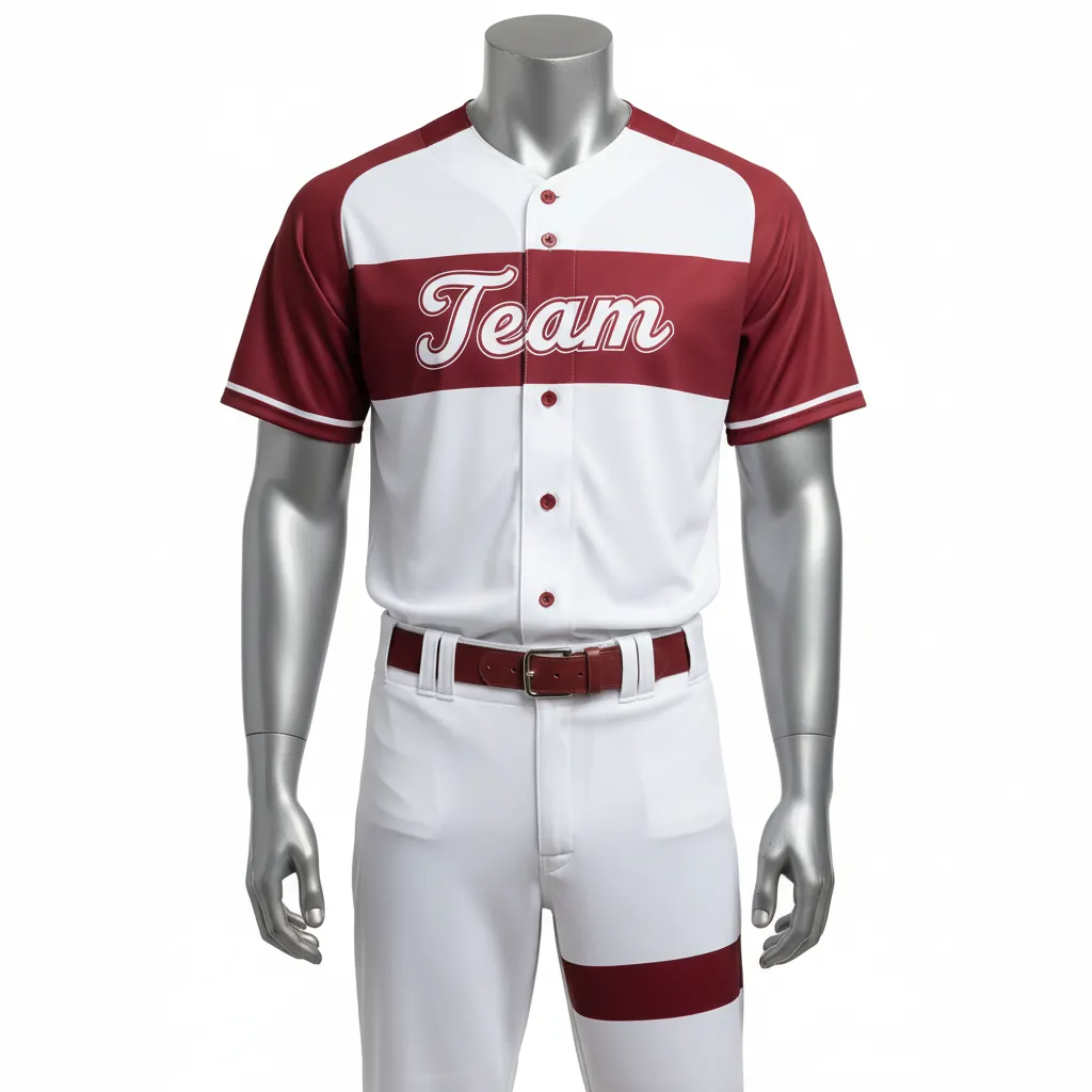 Custom Baseball Full Button Baseball Uniform Set - White, Burgundy - Chest Panel Only - Front View - Kinexa Sportswear