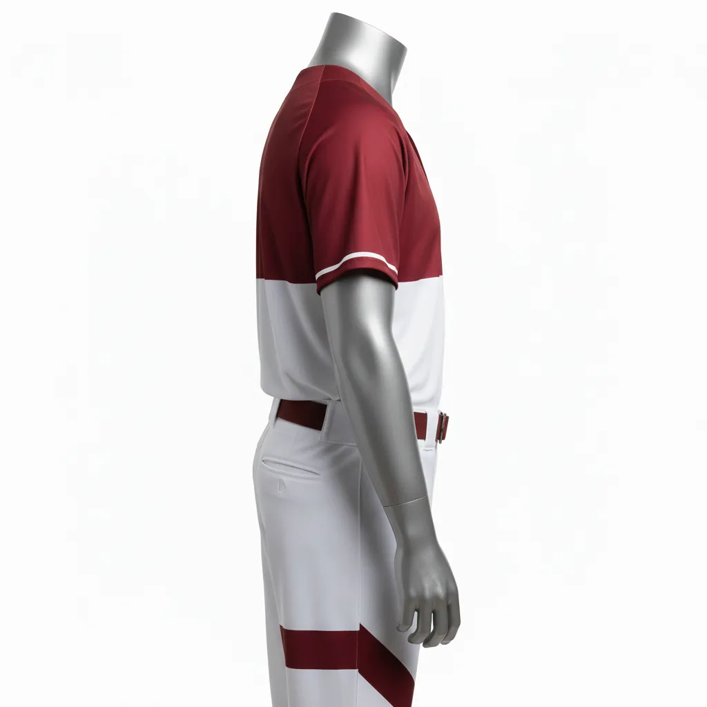 Custom Baseball Full Button Baseball Uniform Set - White, Burgundy - Chest Panel Only - Side View - Kinexa Sportswear