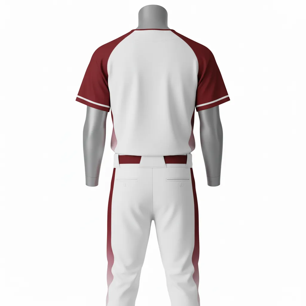 Custom Baseball Full Button Baseball Uniform Set - White, Burgundy - Curved Side Panels Fading - Back View - Kinexa Sportswear