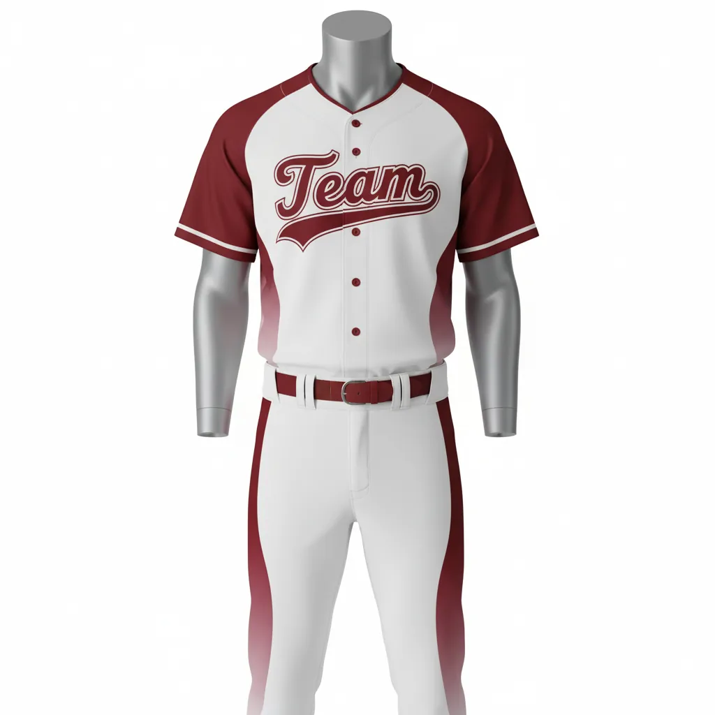 Custom Baseball Full Button Baseball Uniform Set - White, Burgundy - Curved Side Panels Fading - Front View - Kinexa Sportswear