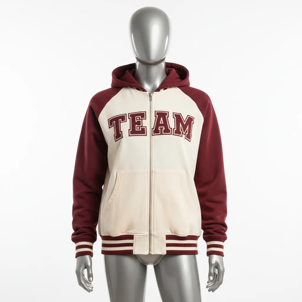 Custom Baseball Full Zip Baseball Hoodie - Cream, Burgundy - Fullzip Varsity Retro - Front View - Kinexa Sportswear