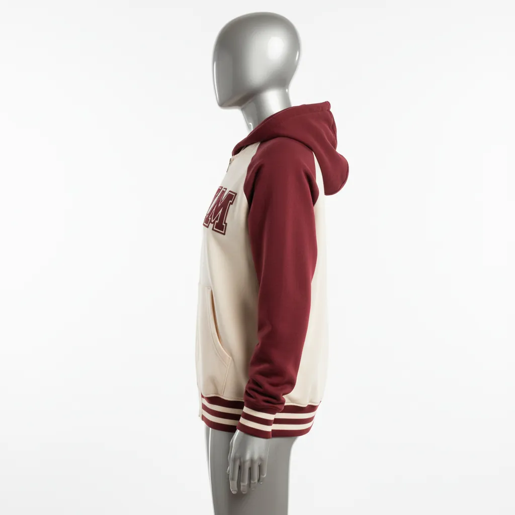 Custom Baseball Full Zip Baseball Hoodie - Cream, Burgundy - Fullzip Varsity Retro - Side View - Kinexa Sportswear