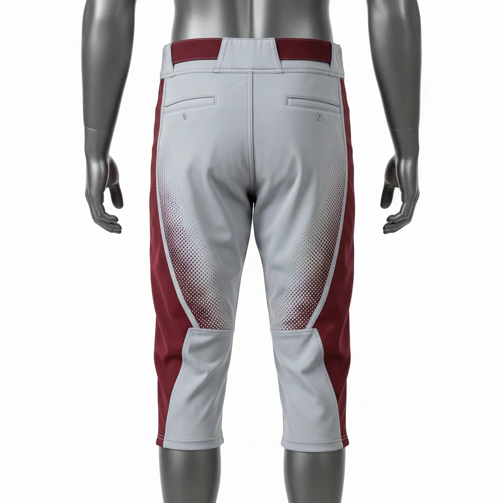Custom Baseball Knicker Style Baseball Pant - Gray, Maroon - Halftone Side Panel - Back View - Kinexa Sportswear