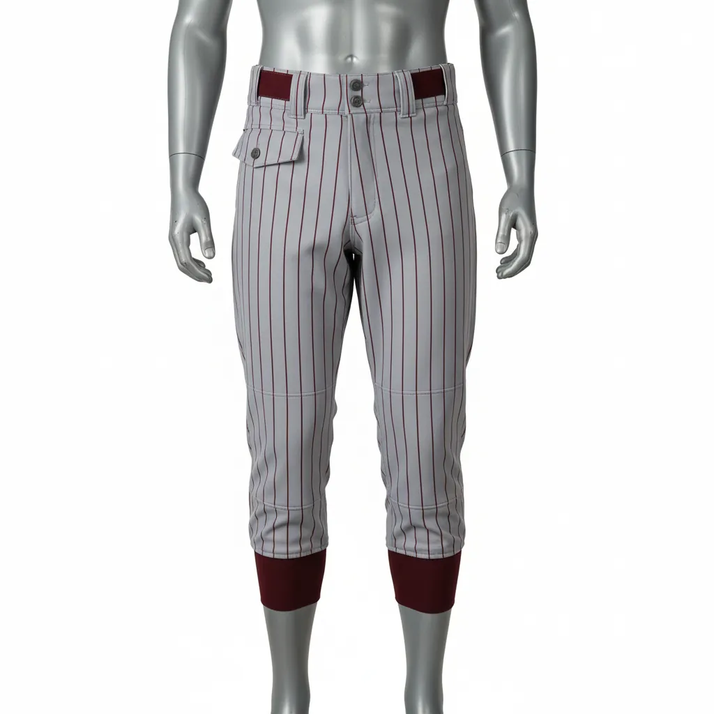 Custom Baseball Knicker Style Baseball Pant - Gray, Maroon - Pinstripe - Front View - Kinexa Sportswear