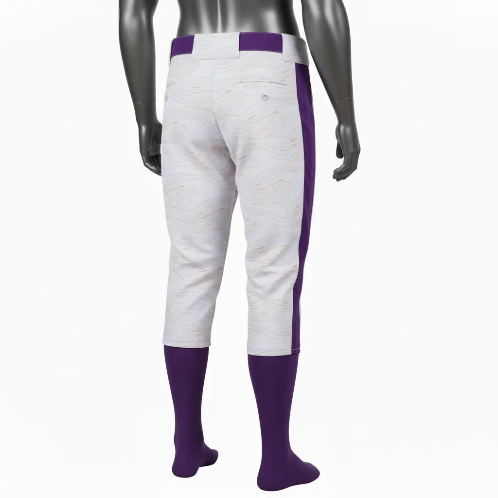 Custom Baseball Knicker Style Baseball Pant - Gray, Purple - Diagonal Lines Side Panel - Back View - Kinexa Sportswear