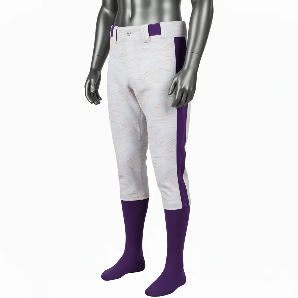 Custom Baseball Knicker Style Baseball Pant - Gray, Purple - Diagonal Lines Side Panel - Front View - Kinexa Sportswear