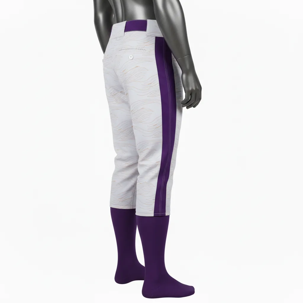 Custom Baseball Knicker Style Baseball Pant - Gray, Purple - Diagonal Lines Side Panel - Side View - Kinexa Sportswear