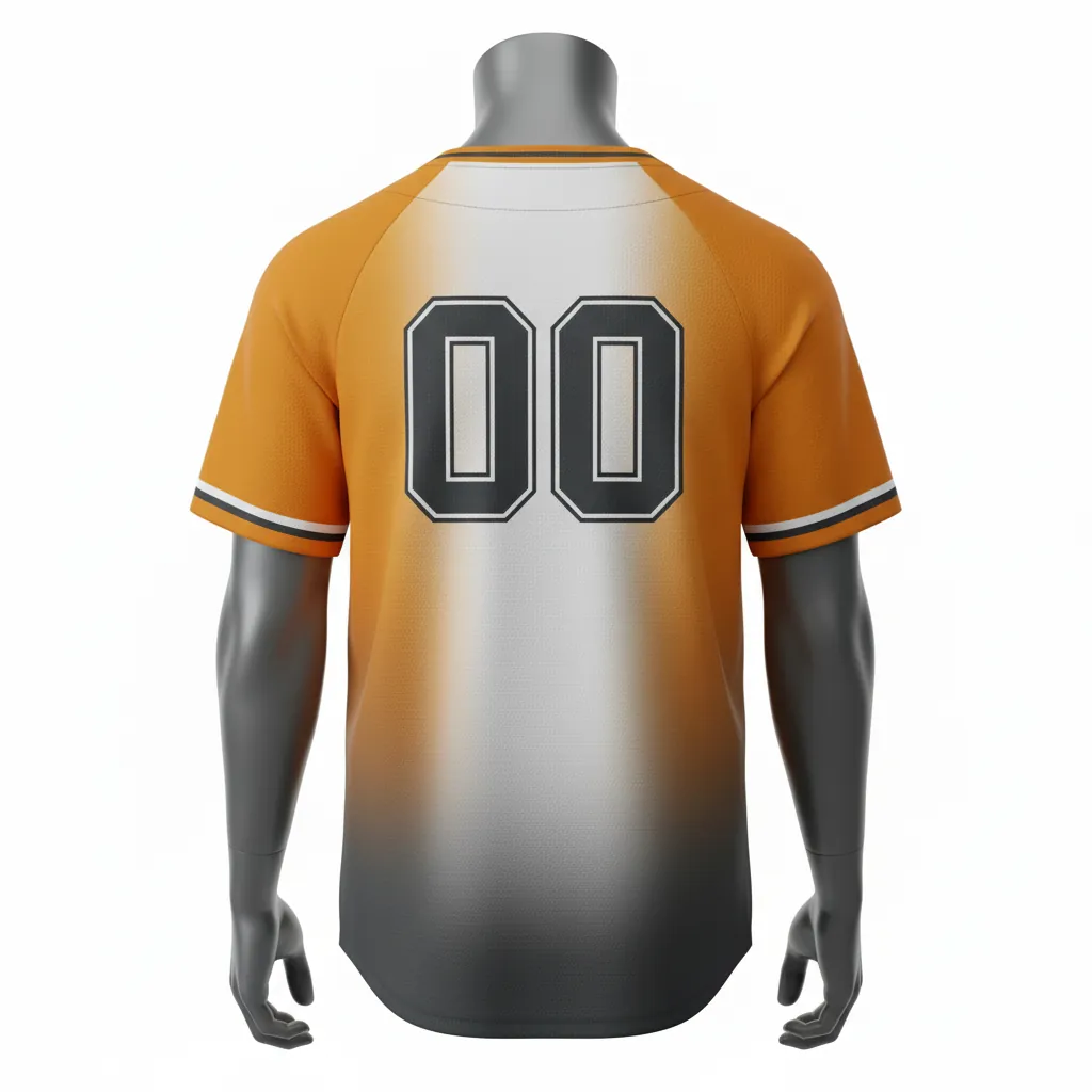 Custom Baseball Round Neck Baseball Jersey - White - Roundneck Amber Charcoal Sunset Gradient Block - Back View - Kinexa Sportswear