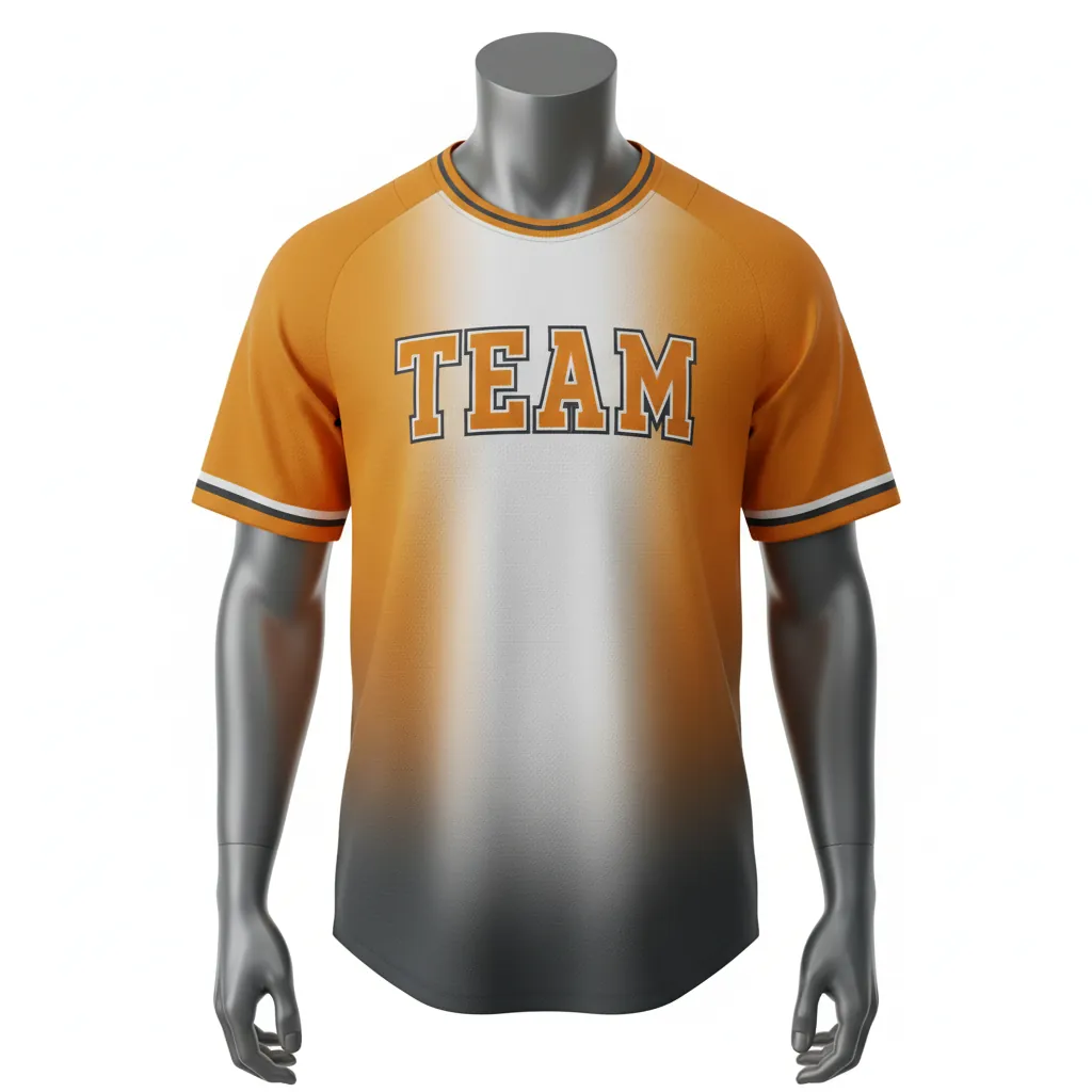 Custom Baseball Round Neck Baseball Jersey - White - Roundneck Amber Charcoal Sunset Gradient Block - Front View - Kinexa Sportswear