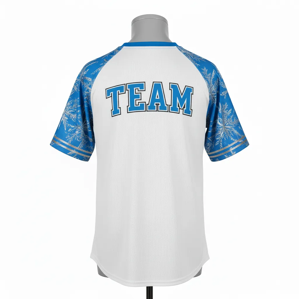 Custom Baseball Round Neck Baseball Jersey - White, Blue, Silver - Roundneck Arctic Ice Crystal Block - Back View - Kinexa Sportswear