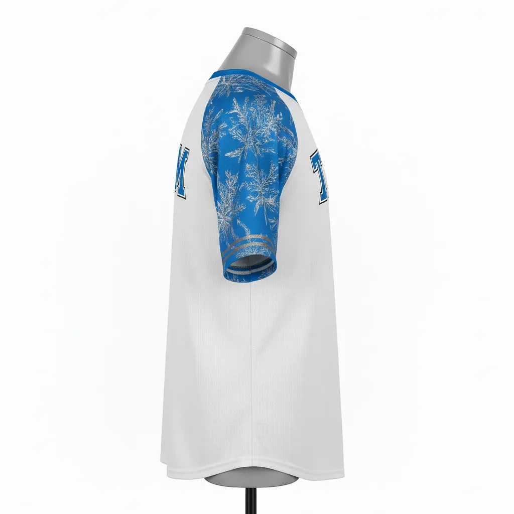 Custom Baseball Round Neck Baseball Jersey - White, Blue, Silver - Roundneck Arctic Ice Crystal Block - Side View - Kinexa Sportswear