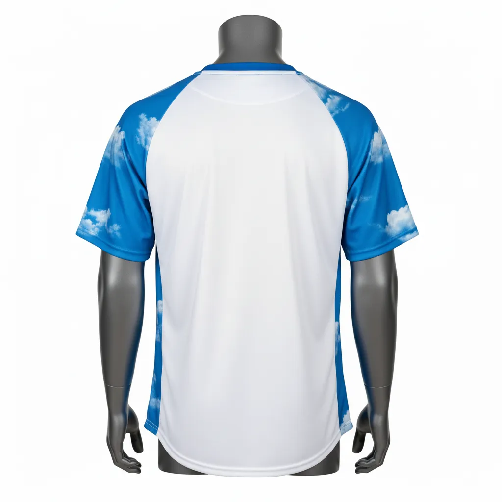 Custom Baseball Round Neck Baseball Jersey - White, White - Roundneck Cerulean Sky Clouds Script - Back View - Kinexa Sportswear