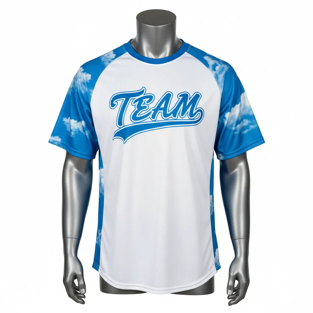 Custom Baseball Round Neck Baseball Jersey - White, White - Roundneck Cerulean Sky Clouds Script - Front View - Kinexa Sportswear