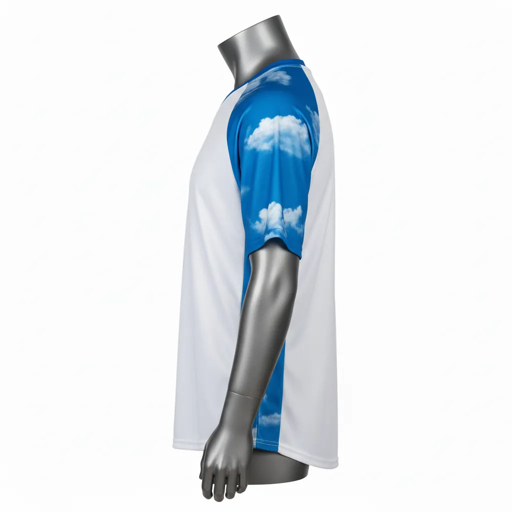 Custom Baseball Round Neck Baseball Jersey - White, White - Roundneck Cerulean Sky Clouds Script - Side View - Kinexa Sportswear