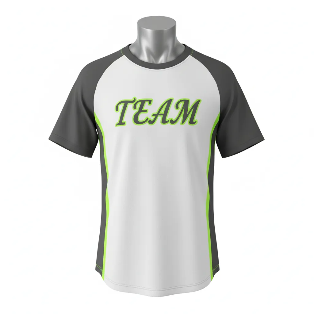 Custom Baseball Round Neck Baseball Jersey - White, Green - Roundneck Charcoal Neon Urban Blocks Script - Front View - Kinexa Sportswear