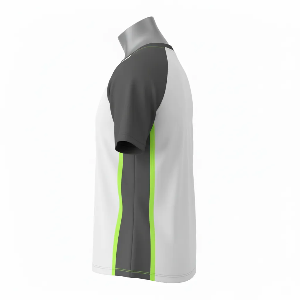 Custom Baseball Round Neck Baseball Jersey - White, Green - Roundneck Charcoal Neon Urban Blocks Script - Side View - Kinexa Sportswear