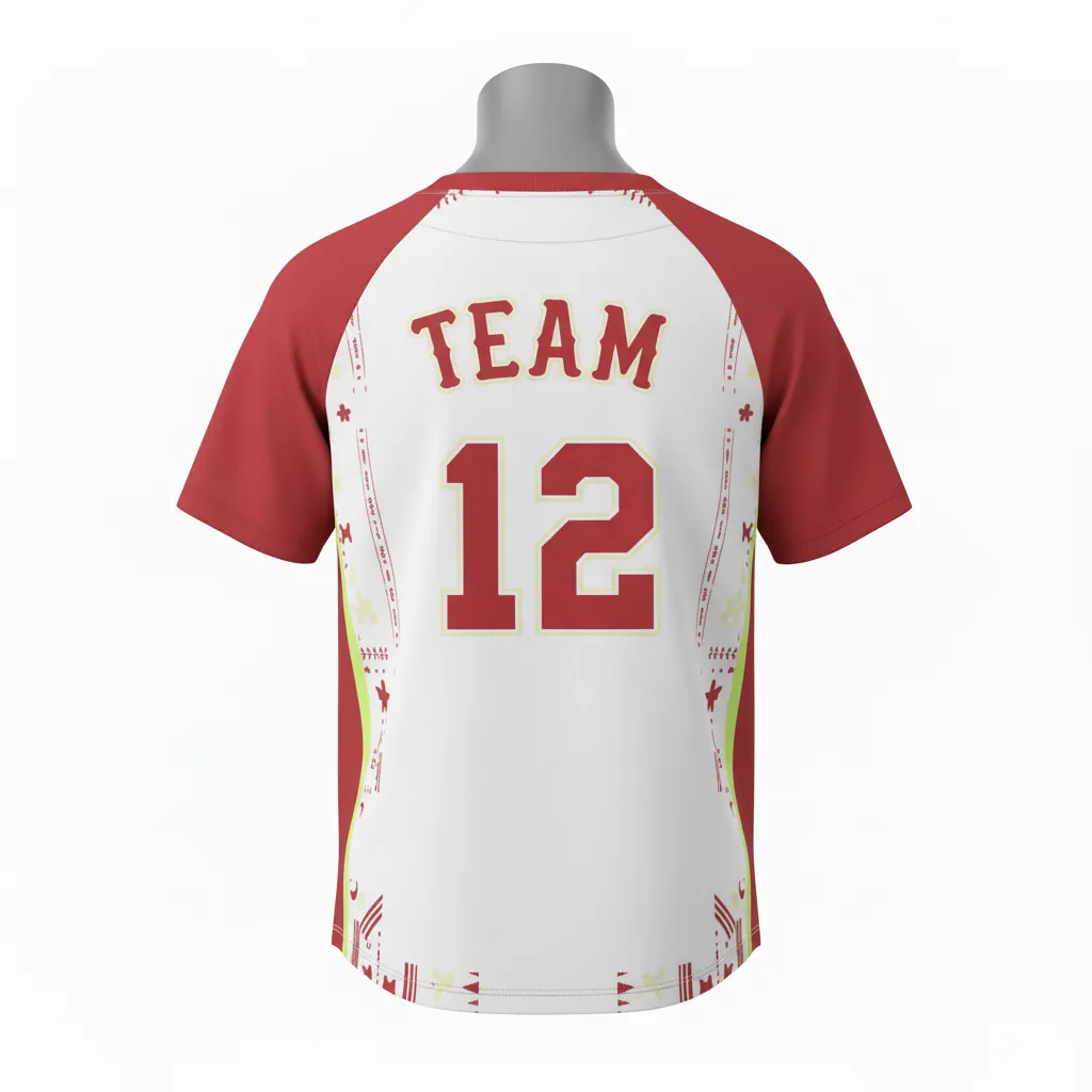 Custom Baseball Round Neck Baseball Jersey - White, Red, Cream - Roundneck Cherry Vintage Script - Back View - Kinexa Sportswear