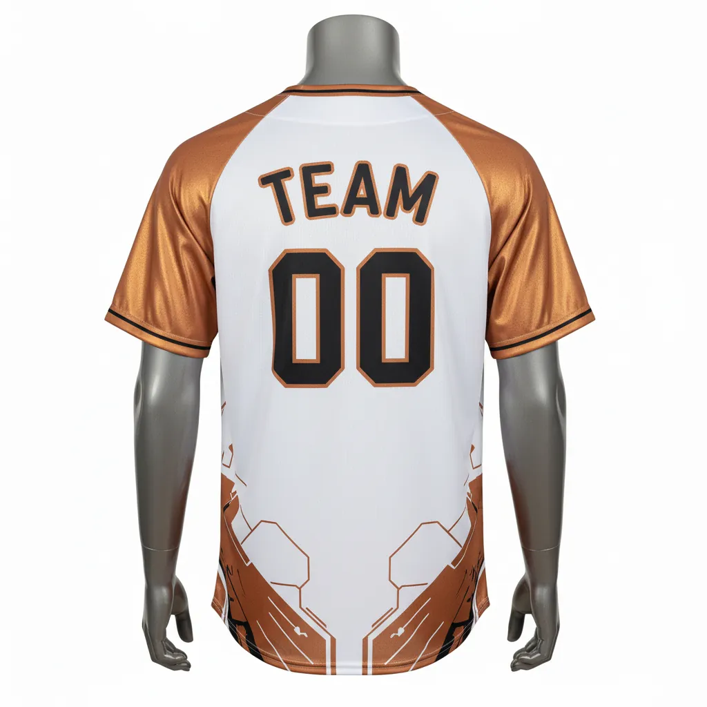Custom Baseball Round Neck Baseball Jersey - White, Black - Roundneck Copper Industrial Pattern Script - Back View - Kinexa Sportswear