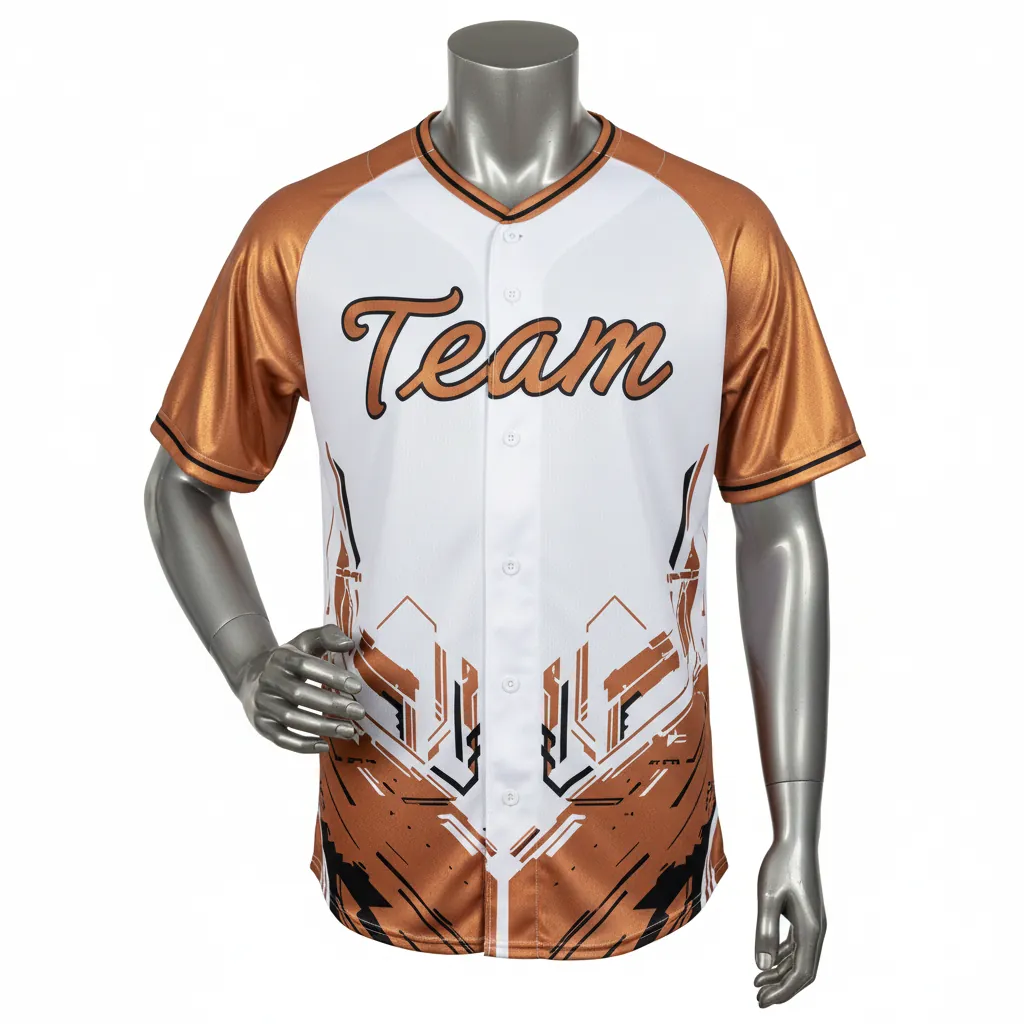Custom Baseball Round Neck Baseball Jersey - White, Black - Roundneck Copper Industrial Pattern Script - Front View - Kinexa Sportswear