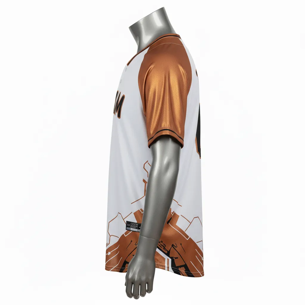 Custom Baseball Round Neck Baseball Jersey - White, Black - Roundneck Copper Industrial Pattern Script - Side View - Kinexa Sportswear