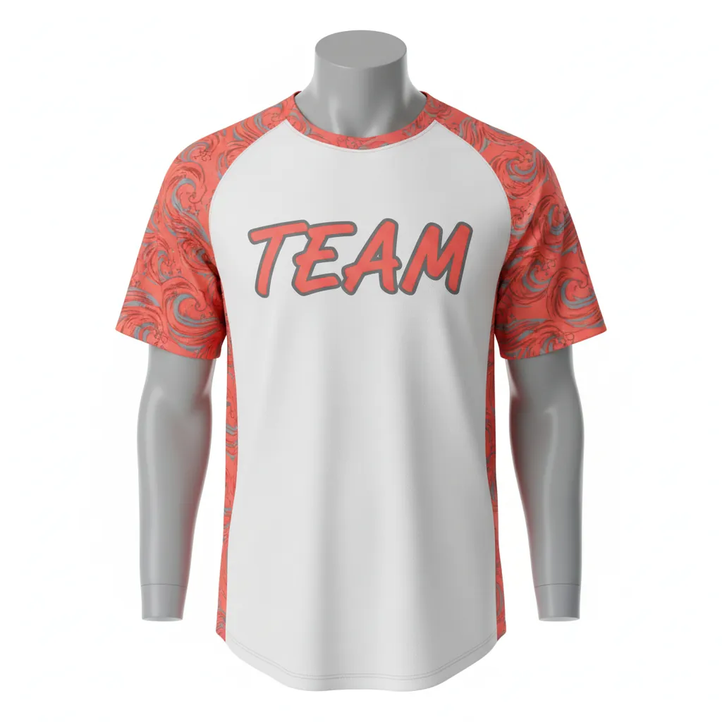 Custom Baseball Round Neck Baseball Jersey - White, Grey - Roundneck Coral Tropical Waves Script - Front View - Kinexa Sportswear