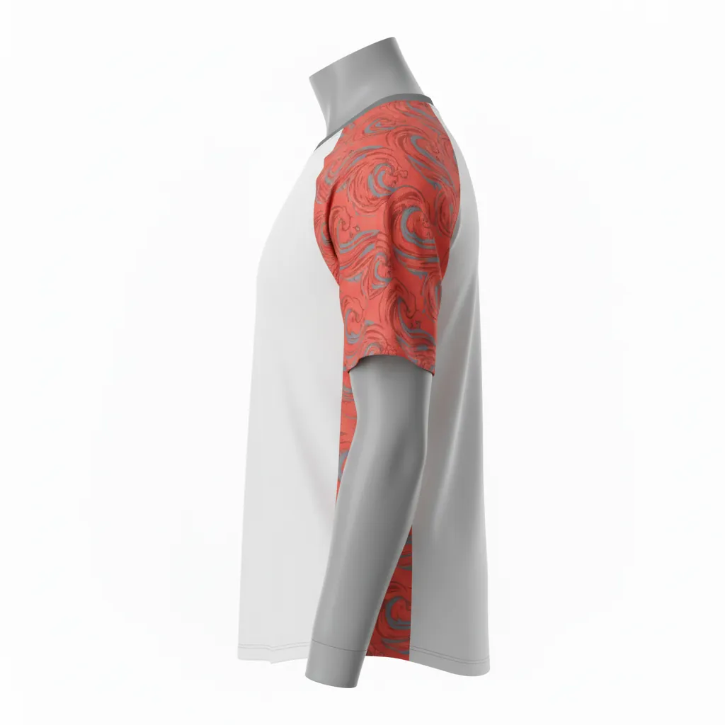 Custom Baseball Round Neck Baseball Jersey - White, Grey - Roundneck Coral Tropical Waves Script - Side View - Kinexa Sportswear