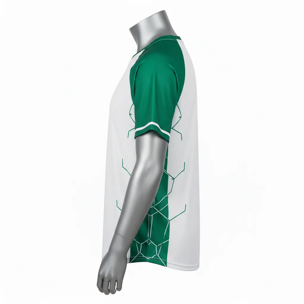 Custom Baseball Round Neck Baseball Jersey - White, White - Roundneck Emerald Hexagon Pattern Script - Side View - Kinexa Sportswear